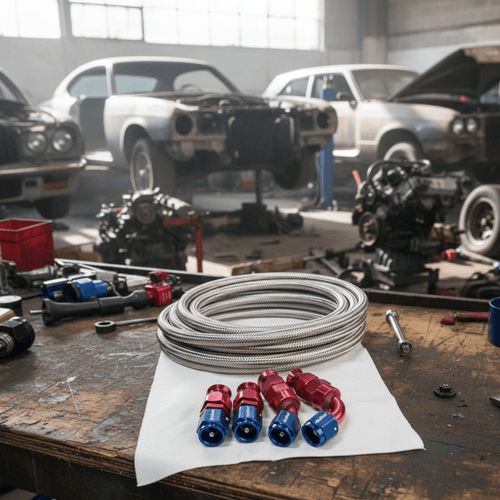 Kit contents — 10 ft stainless PTFE hose plus 4 AN hose ends on a workbench