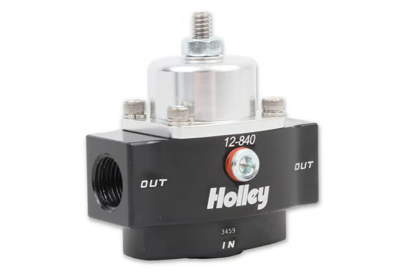 Holley 12-840 carb fuel pressure regulator, 4.5–9 psi, dual 3/8 NPT outlets, billet body